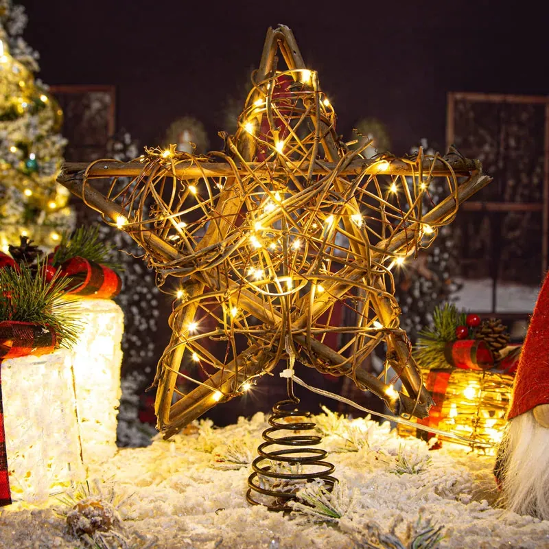 Rattan Natural Star Christmas Tree Topper - Rustic Farmhouse Xmas Treetop  with 50 Warm LED Lights for