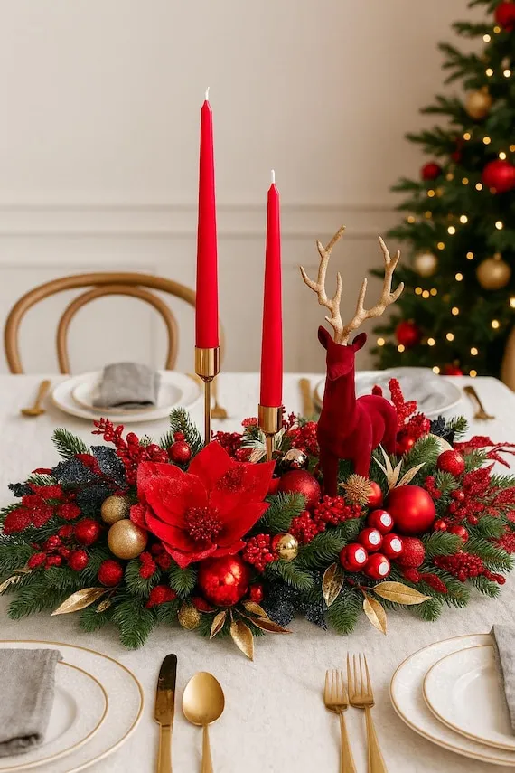 Red and Gold Christmas Centerpiece – Elegant Holiday Table Red Holiday  Candle with Gold Accents