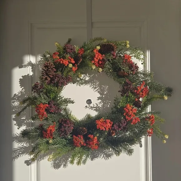Red Peony & Eucalyptus Winter Wreath – Elegant Holiday Door Elegant Green  and Red Pinecone Holiday Wreath