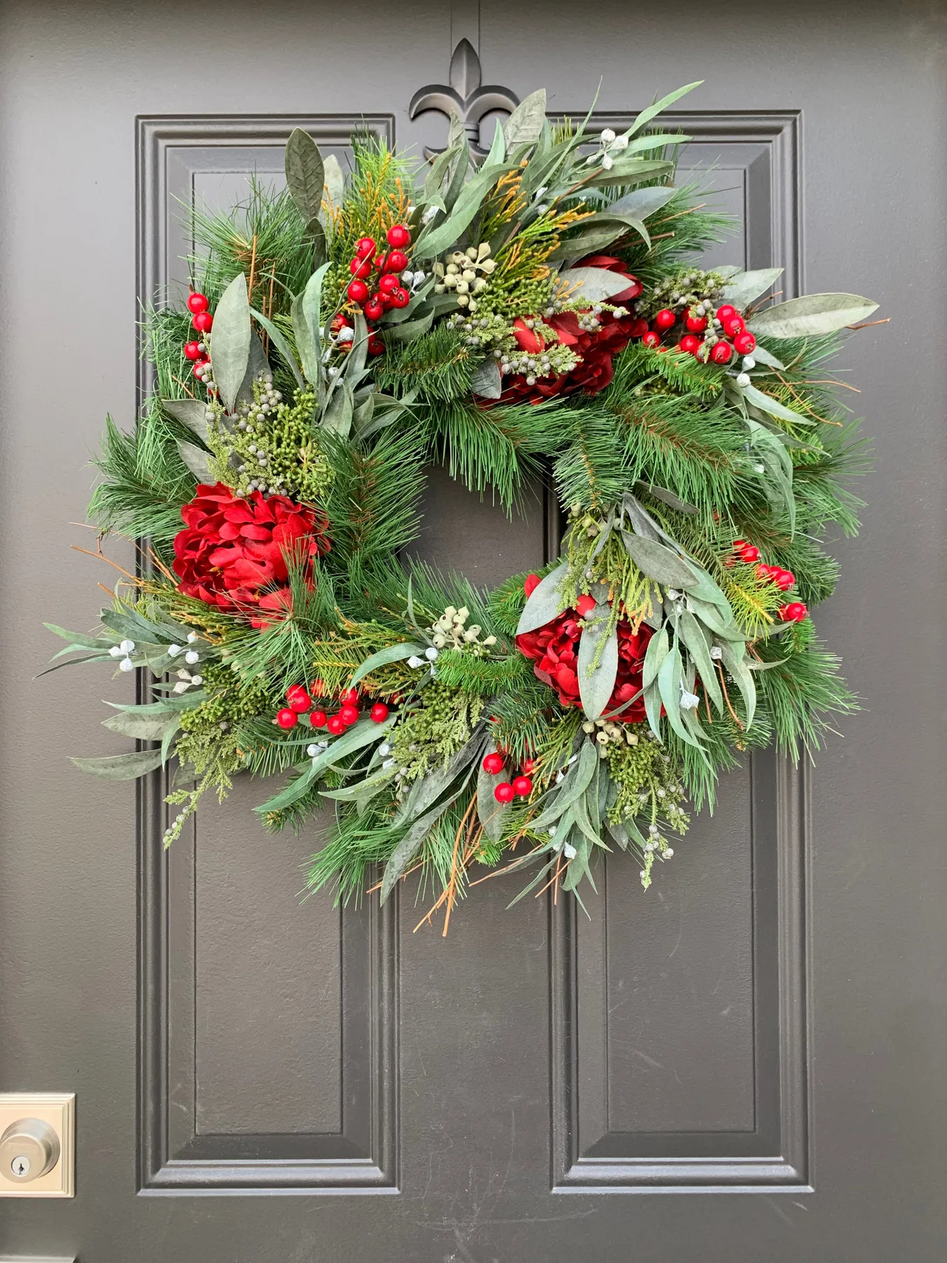 Red Peony & Eucalyptus Winter Wreath – Elegant Holiday Door Elegant Green  and Red Pinecone Holiday Wreath