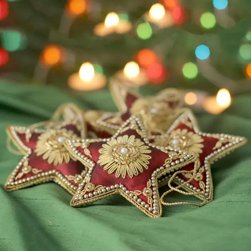 Red Star Shaped Beaded Tree Ornaments from India (Set of 5), 'Scarlet Stars'