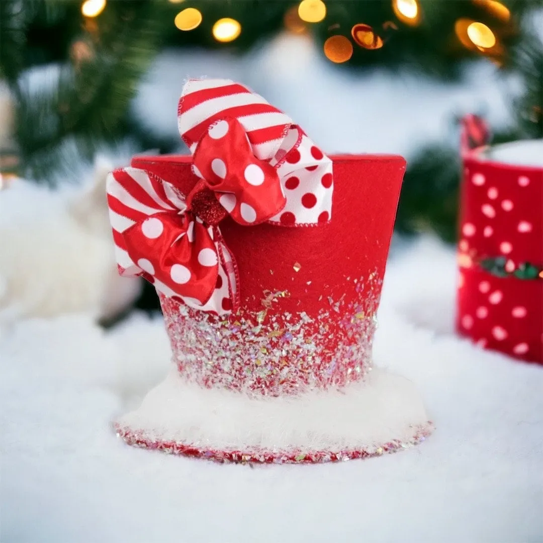 Red Top Hat Christmas Tree Topper: Polka Dot Candy Cane Decor