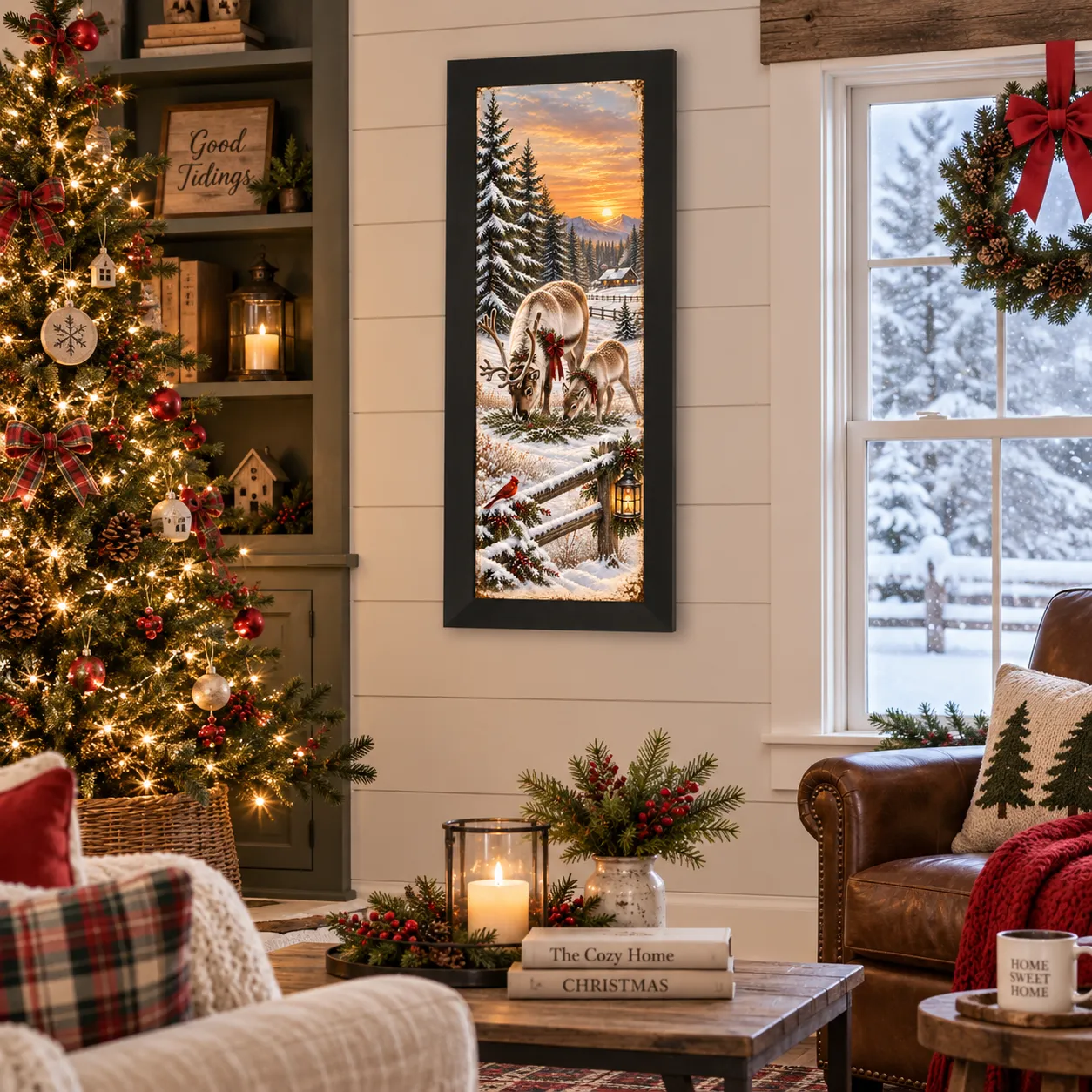 Reindeer and Cardinal Framed Wall Art | Snowy Winter Sunset | Summer Snow  Art