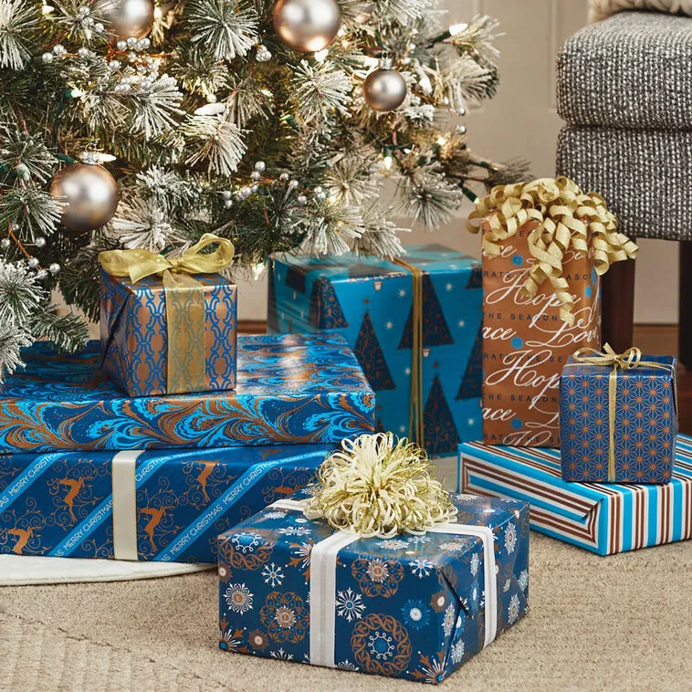 Reliable Elegant Christmas Gift Wrapping Paper Blues 4-Pack Blue And Gold Reversible High-quality Paper, 150 Sq. Ft