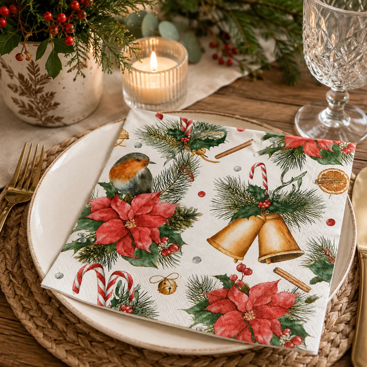 Robin & Poinsettia Napkins 20-Pack | Mistletoe Home