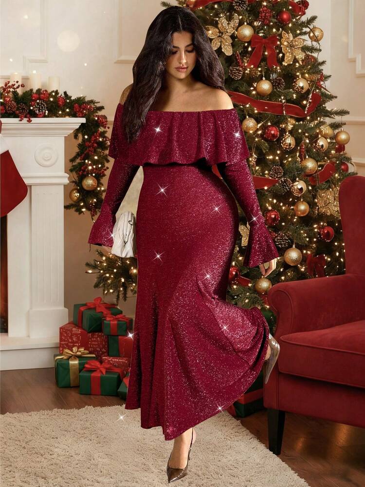 Roveilla Plus Size Women's Burgundy French Style Elegant Off Shoulder Long  Sleeve Cinched Waist Party Dress,Autumn Formal Luxury Glitter Christmas  Sequin Dress | SHEIN EUR