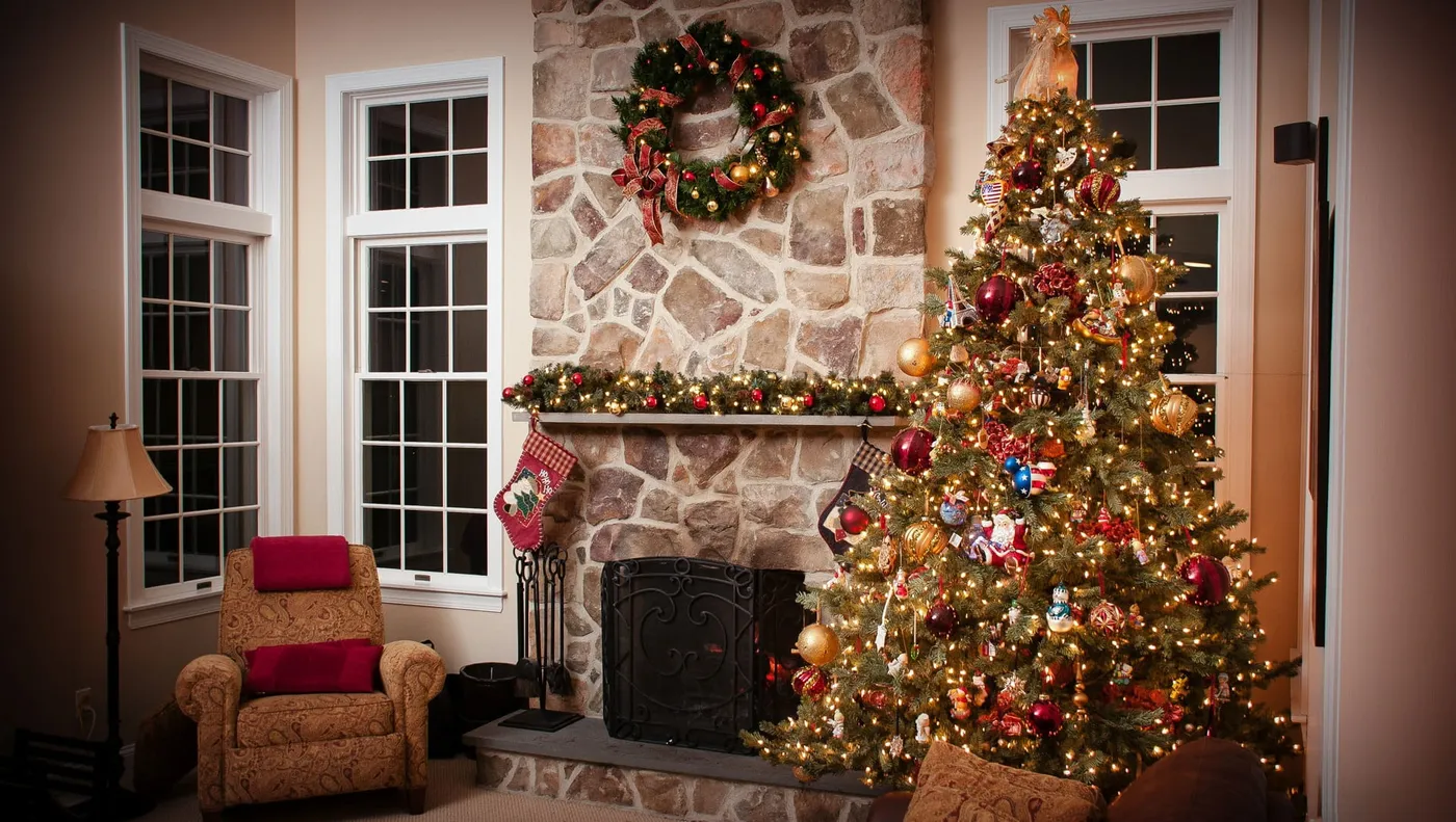 Royalty-Free photo: Green Christmas tree with string lights and bauble in  room | PickPik