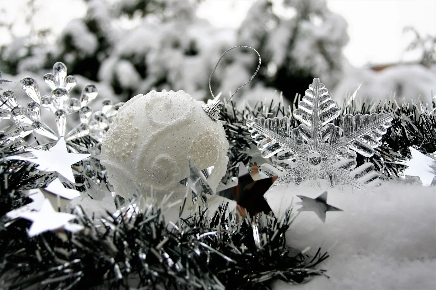 Royalty-Free photo: Greyscale photo of Christmas bauble and clear snowflake decors | PickPik