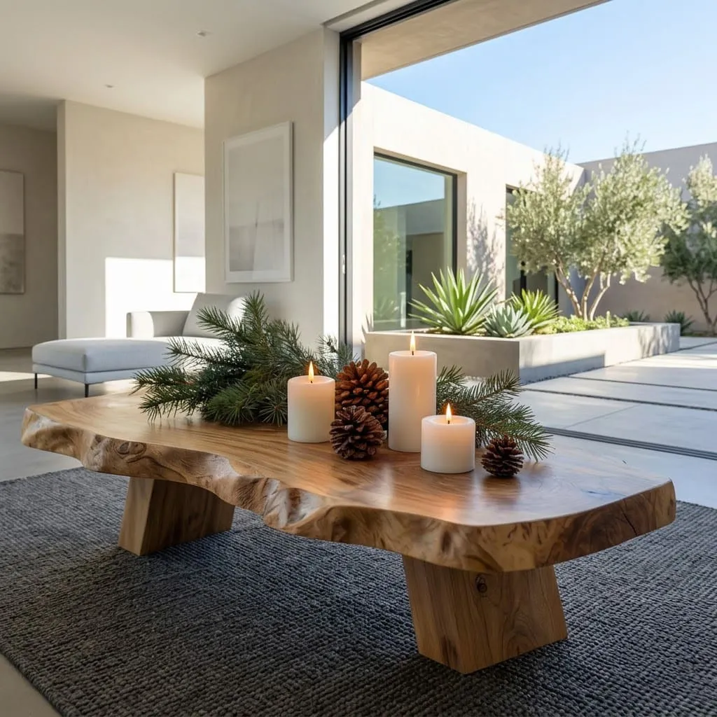 Rustic Live-Edge Solid Wood Low Christmas Coffee Table & Festive Centerpiece