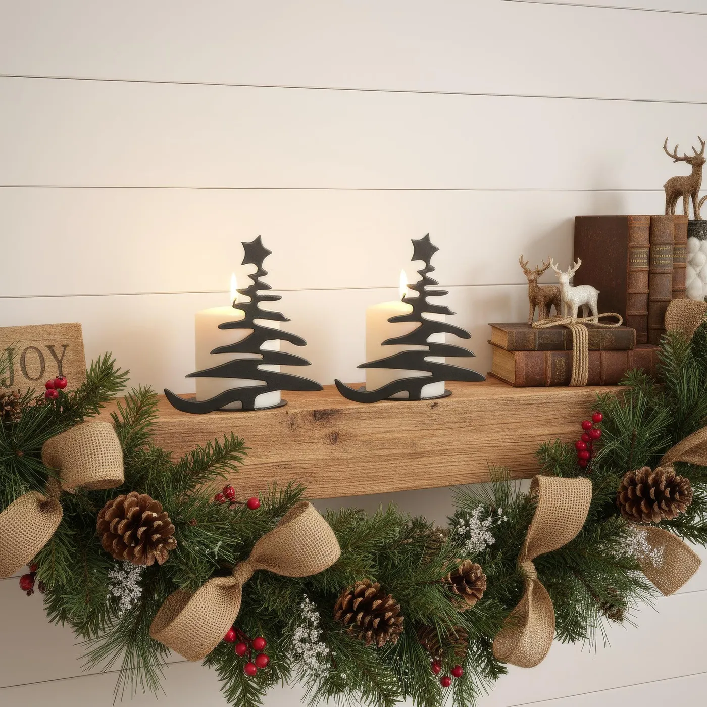 Rustic Steel Christmas Tree Candle Holder Set of 2, Metal Holiday Mantel Decor
