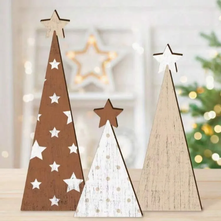 Rustic Wooden Christmas Tree Tabletop Decor, Made Of Natural Wood, Winter Home Decoration, With Star, Gold Accents And Snowflake Pattern, Suitable For Christmas, Thanksgiving And New Year Parties An