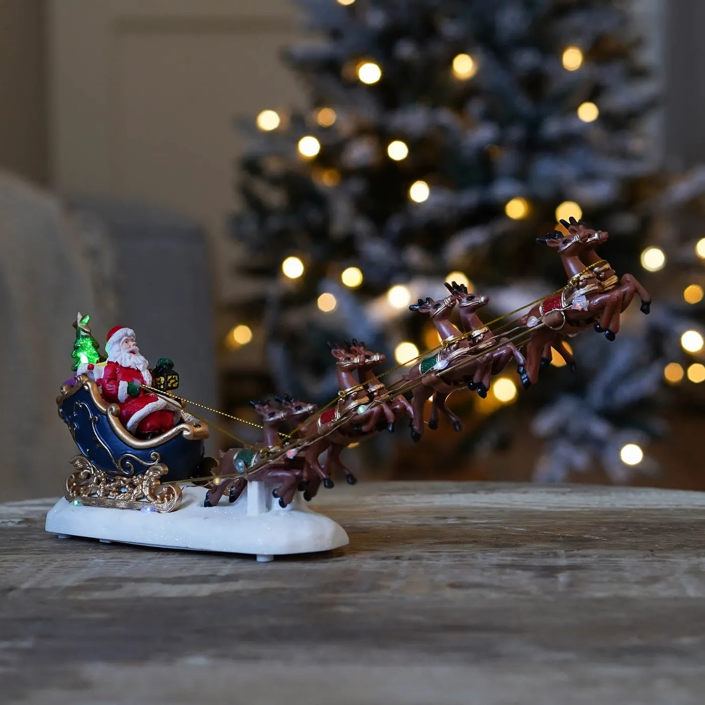Santa in Sleigh with Reindeer | Christmas Village Miniature | LED L...