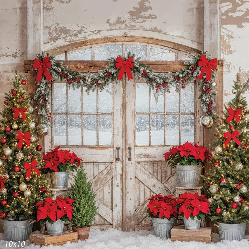 Scarlet Drift - Weathered Barn Doors with Red Poinsettias, Snow, and Galvanized Planter Pots Photo Backdrop