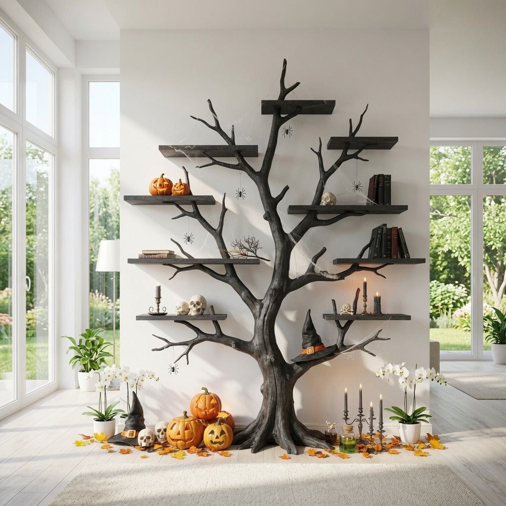 Sculptural Dark Tree Branch Solid Wood Halloween Wall Shelf