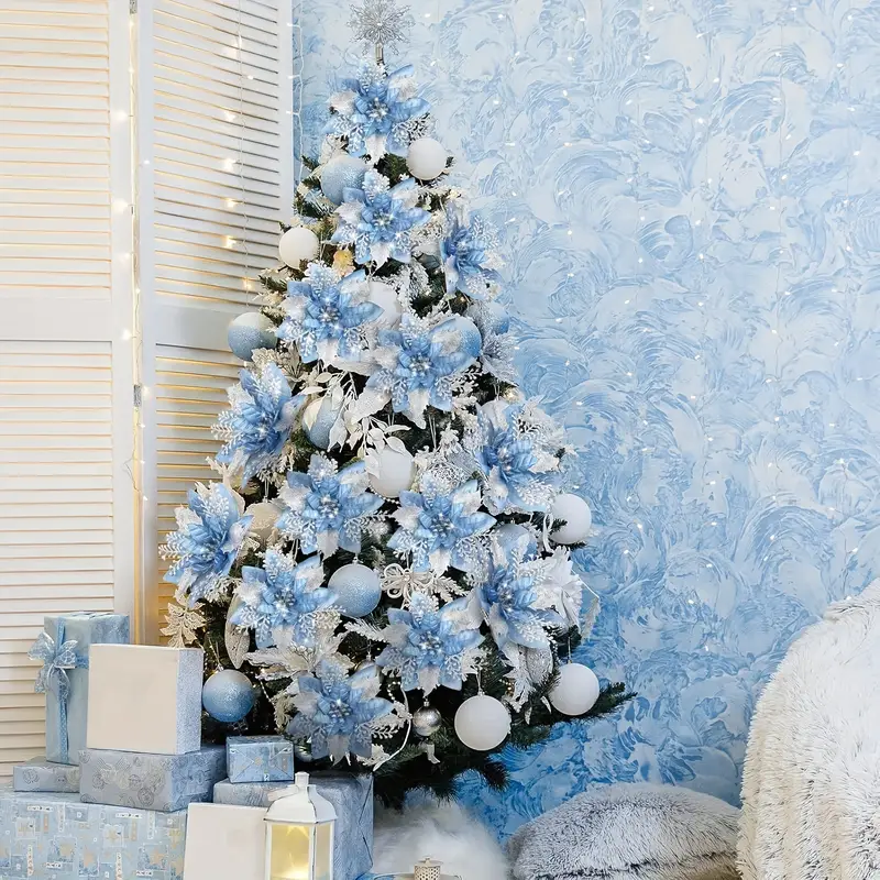 set 8 blue sparkling poinsettia flowers - Temu