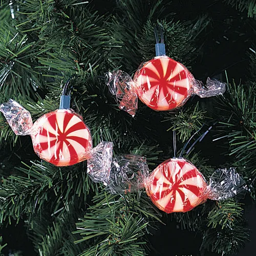 Set of 10 Peppermint Twist Red & White Candy Christmas Lights | Green Wire | Christmas Central