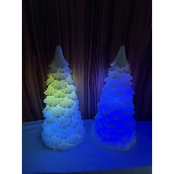 Set of 2 Lighted Color Changing LED Christmas Trees Glitter White Battery  Operat