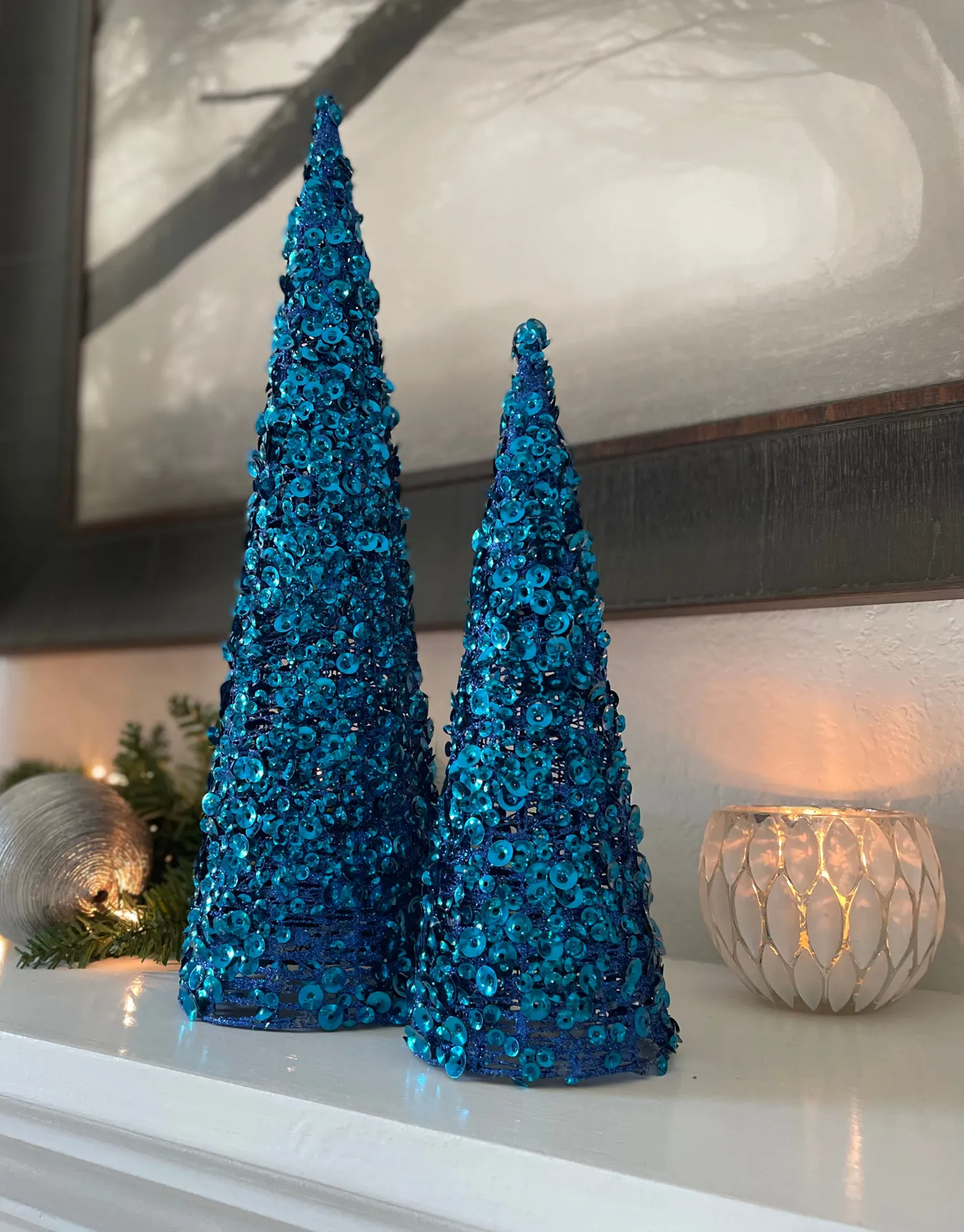 Set of 2 Sequined and Glittered Blue Christmas Cone Trees 12 Inches an - Richards Expo