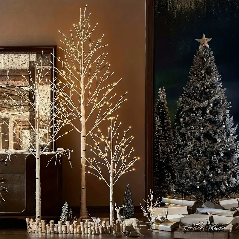 Set of 3 LED Lighted * Tree, 3pcs 4FT+ 5FT+6ft * Artificial Christmas Tree with Warm White LED Lights, USB Powered Lighted Birch Tree Lights for Home Weddings Party Birthdays * Christmas Thanksgivin