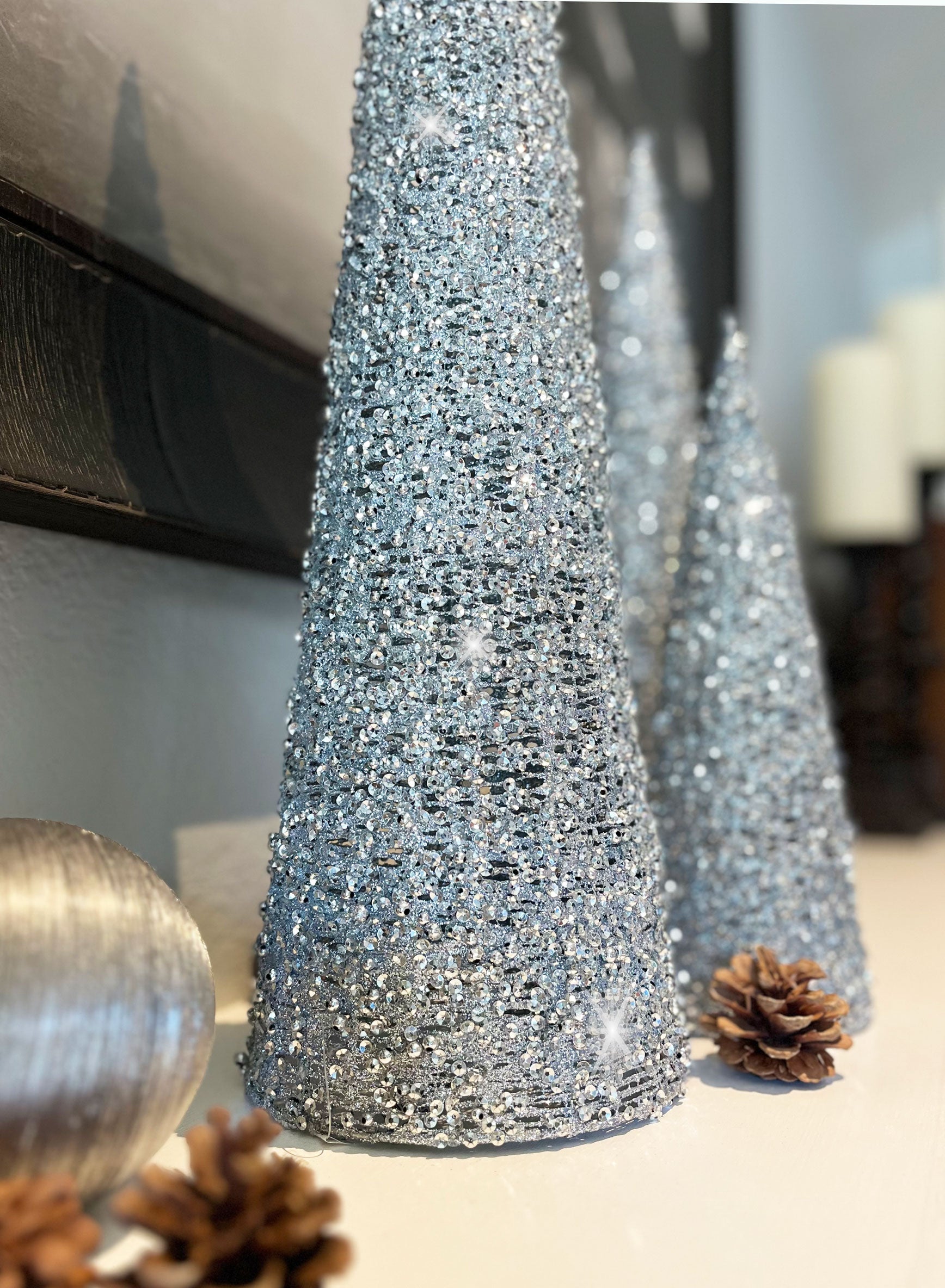 Set of 3 Silver Glittered and Sequined Sparkling Mesh Christmas Topiar - Richards Expo