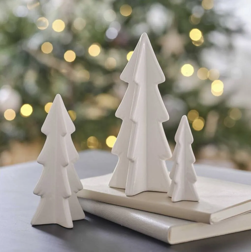 Set Of Three White Ceramic Christmas Tree Decorations By Oh So Kel