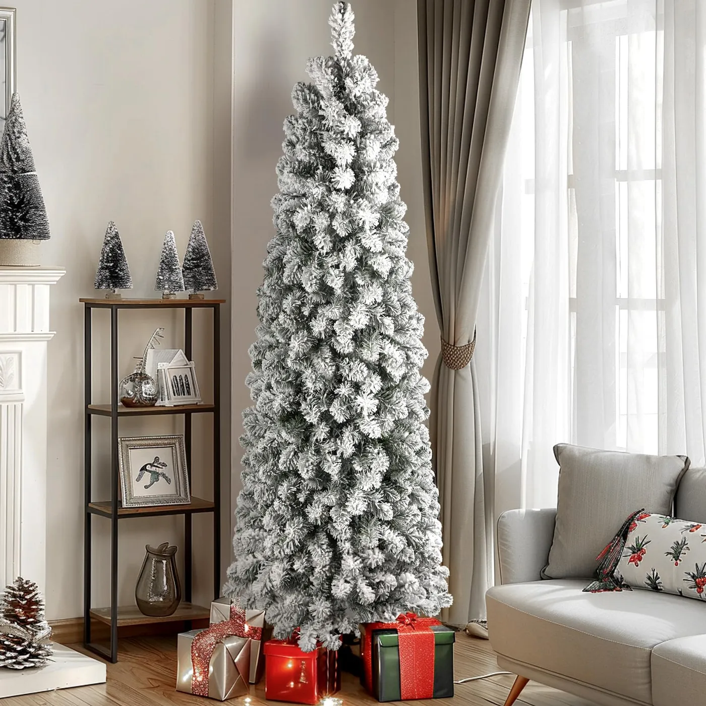 SHareconn Flocked Blue Spruce WW Pencil Artificial Christmas Trees | 6 Sizes Available Warm White / 8ft