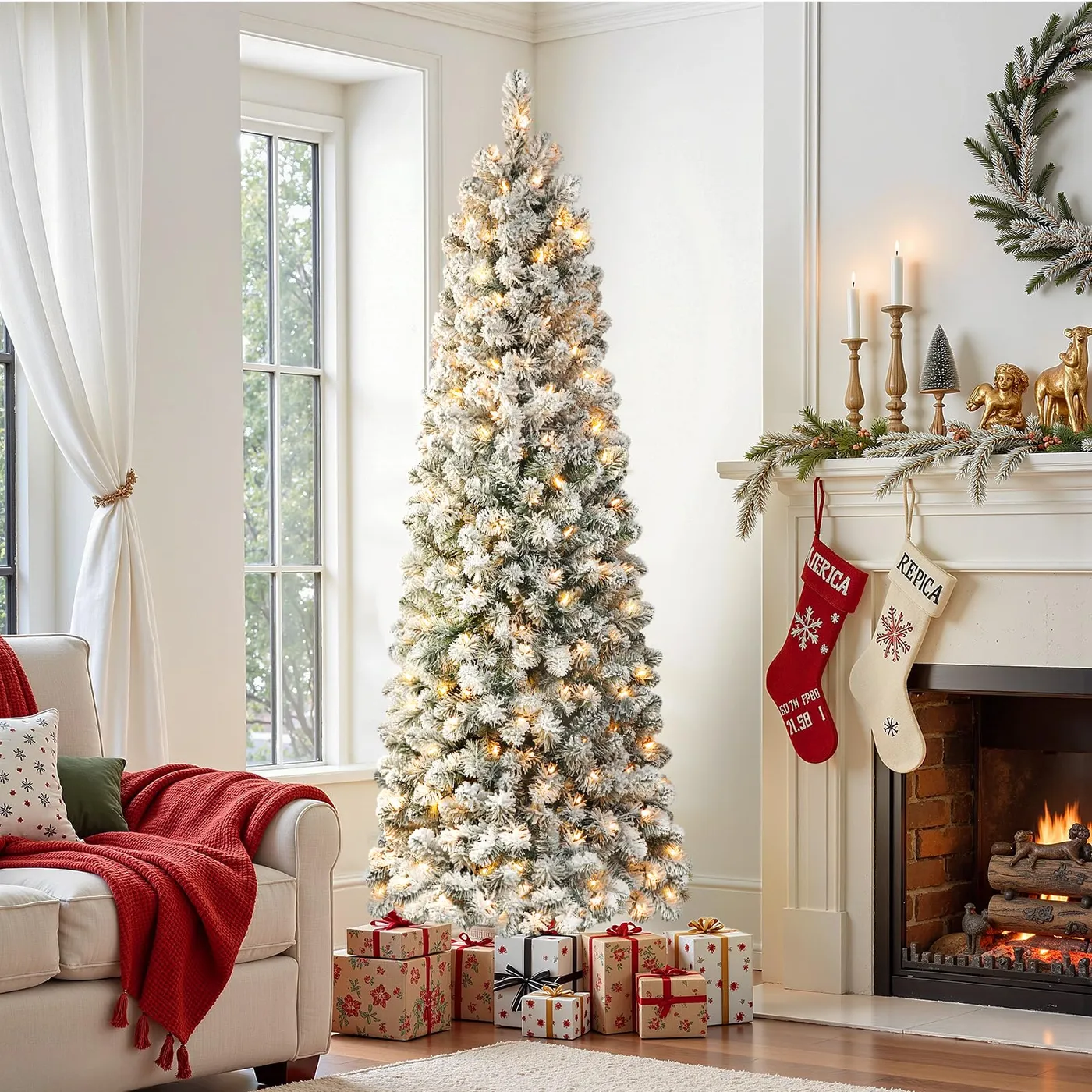SHareconn Flocked Blue Spruce WW Pencil Artificial Christmas Trees | 6 Sizes Available Warm White / 8ft