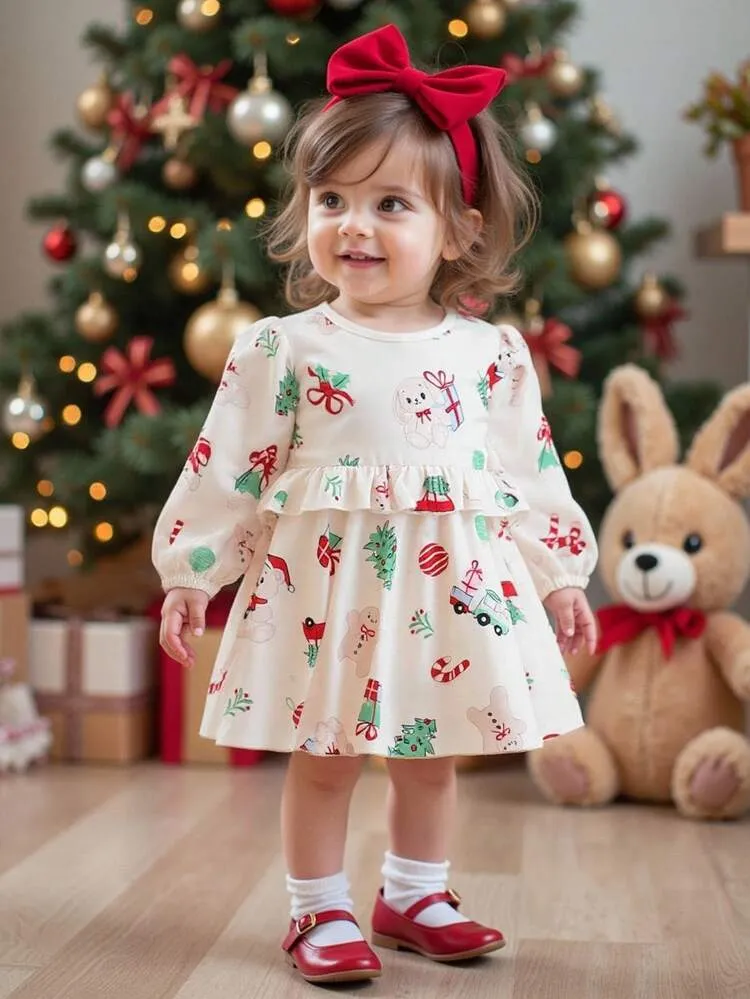 SHEIN Playful Pals Baby Girl Christmas Cute Bear, Rabbit, Car, Christmas  Tree Print Long Sleeve Dress, Suitable For Casual, Holiday Gatherings,  Outings, Autumn | SHEIN USA