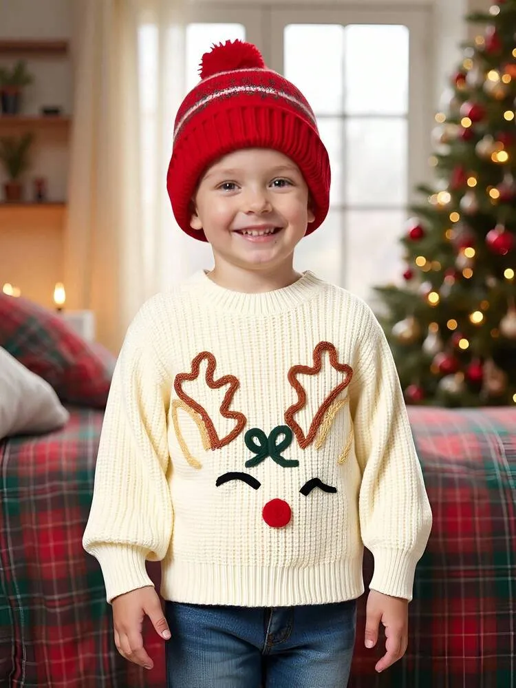 SHEIN Playful Pals Boys & Girls Christmas Reindeer Sweater,Kids  Hand-Embroidered Knitted Crew Neck Long Sleeve Top,Beige Autumn & Family  Matching Holiday Knitwear | SHEIN USA