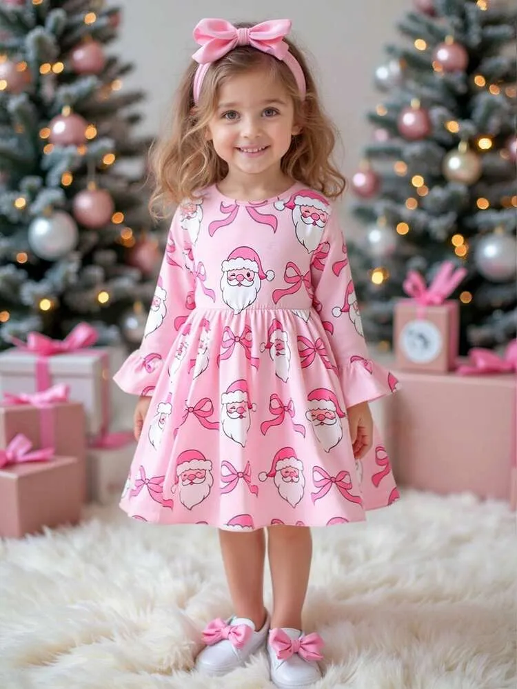 SHEIN Playful Pals Young Girl Autumn Casual Christmas Pink Dress With Santa  Claus Print, Long Sleeve, Suitable For Outings, Gatherings And Holiday Wear  | SHEIN