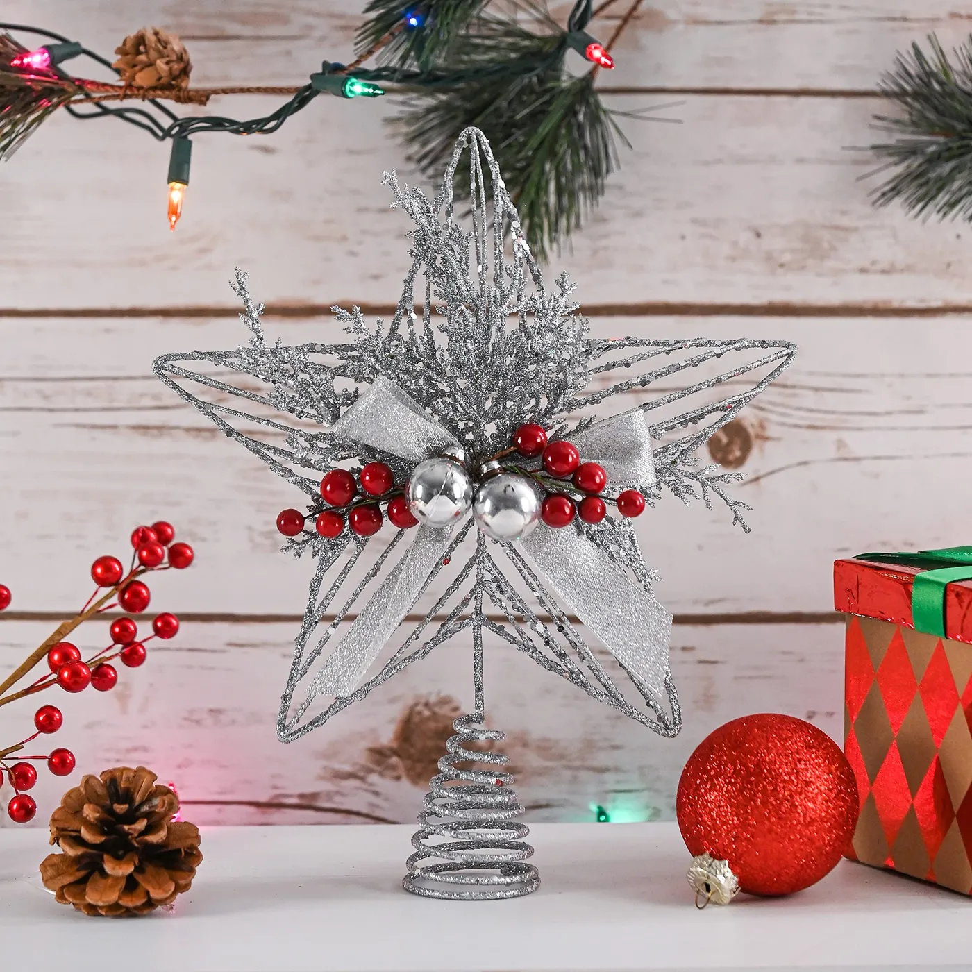 Silver Star Tree Topper - Christmas Glitter Silver Star Holiday Tree T