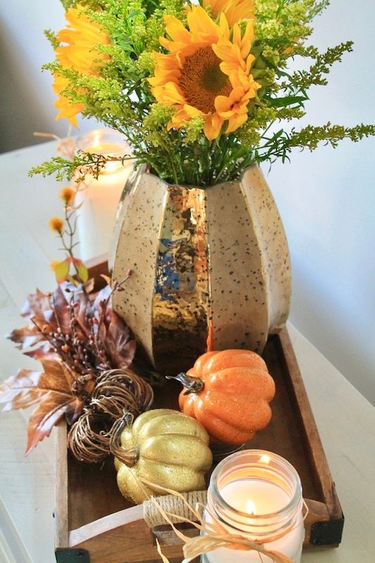 Simple Fall Kitchen Table Decor with Sunflowers and Pumpkins