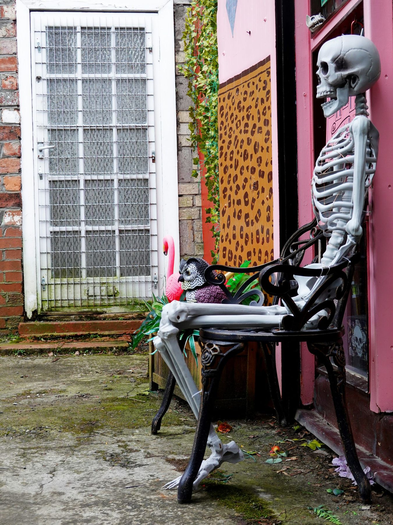 Skeleton sitting on a bench outside a building