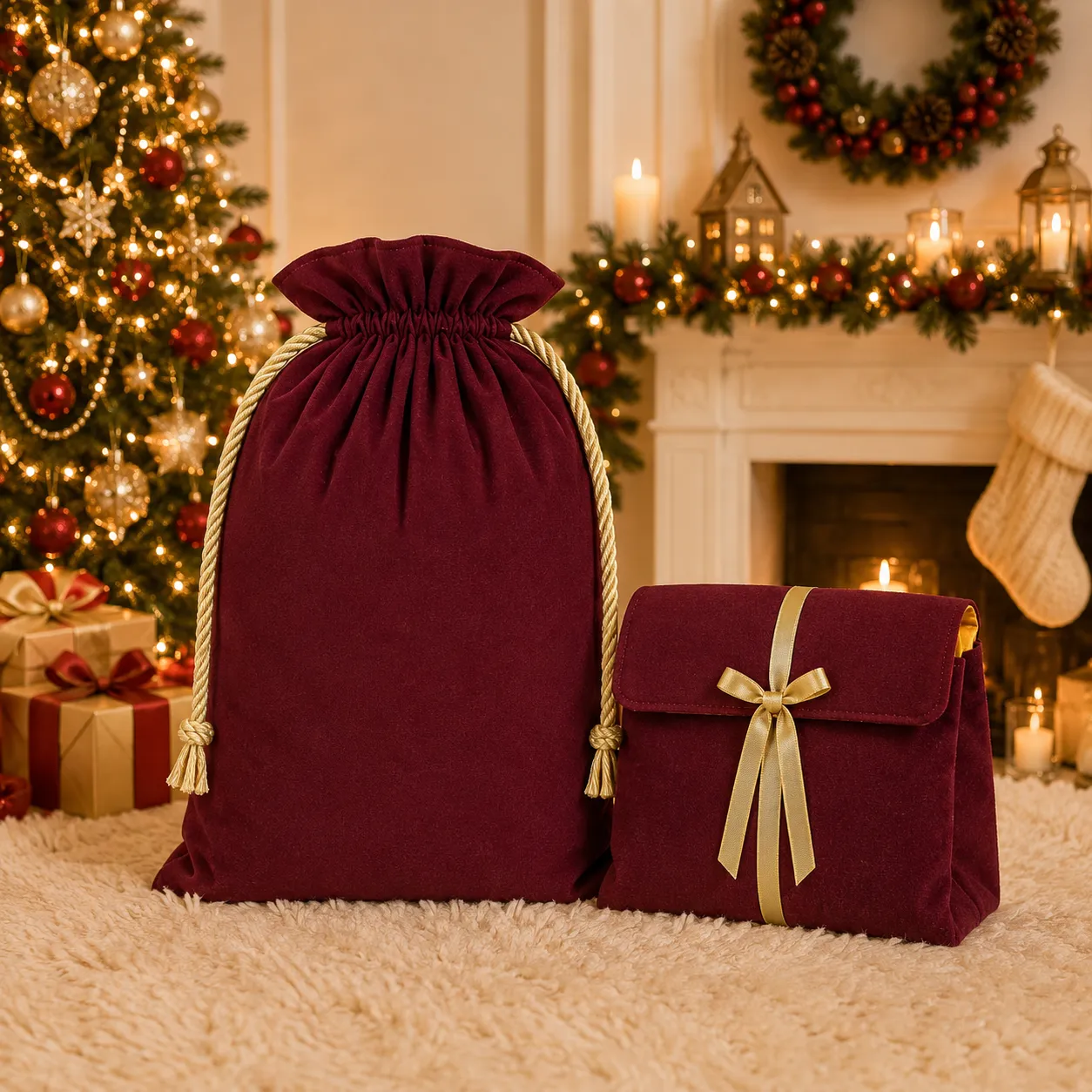 SWB Velvet & Satin Christmas Sack 75*45cm -BURGUNDY | Shamrock Wholesale Blanks LTD