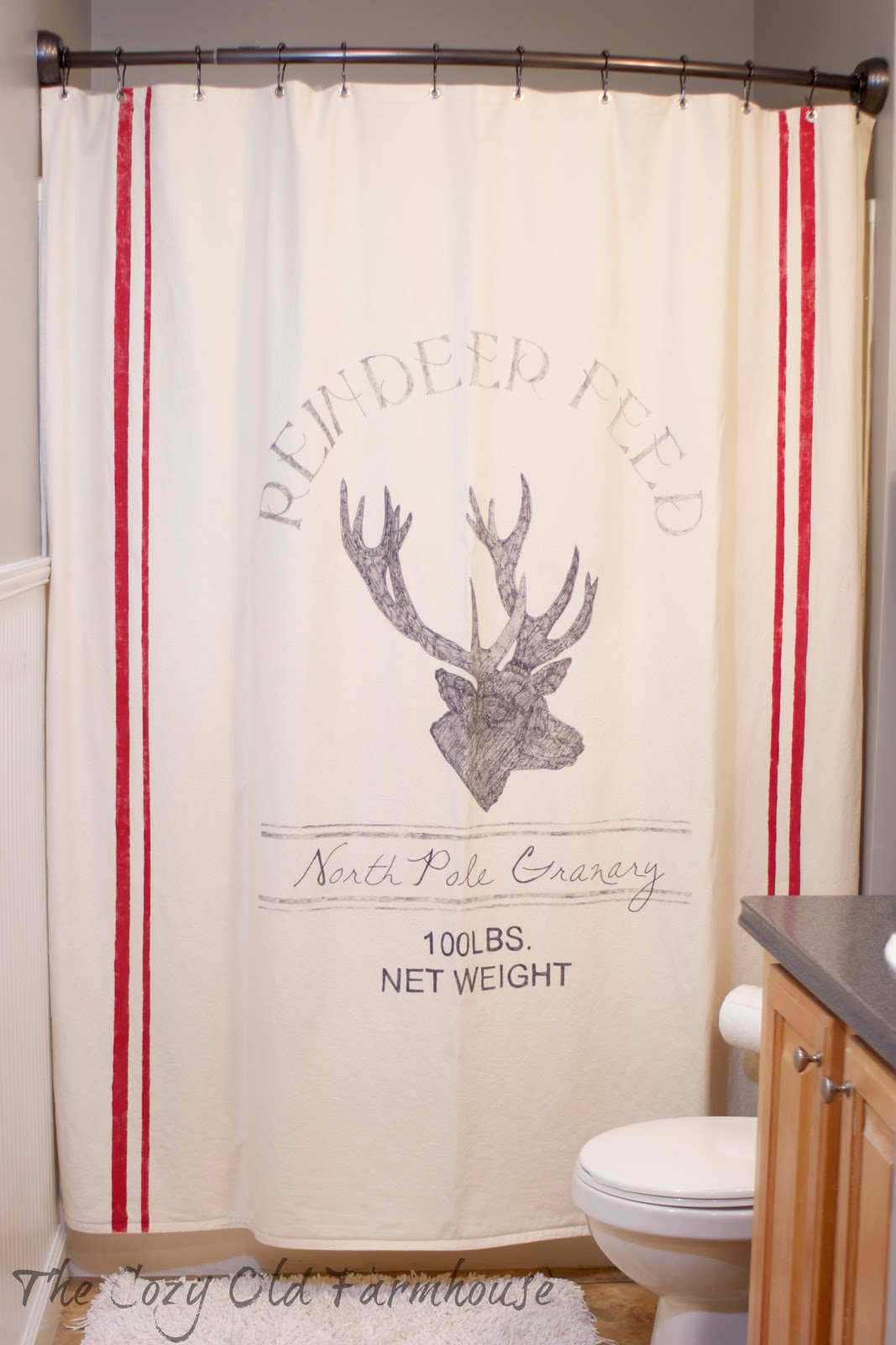 The Cozy Old 'Farmhouse': A Christmas Feed Sack Shower Curtain