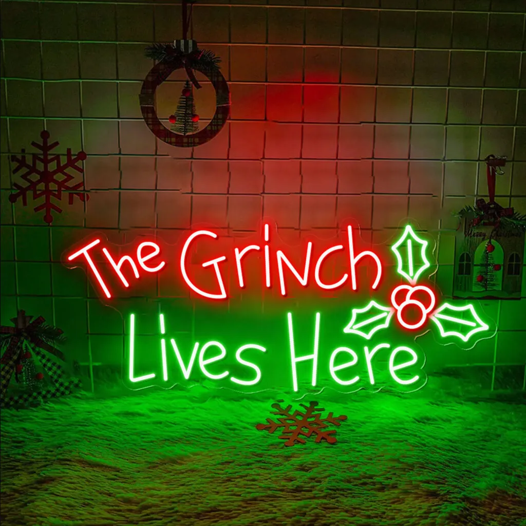 The Grinch Lives Here Neon Sign - Custom Personalised LED Neon Signs,  Handmade Neon Light