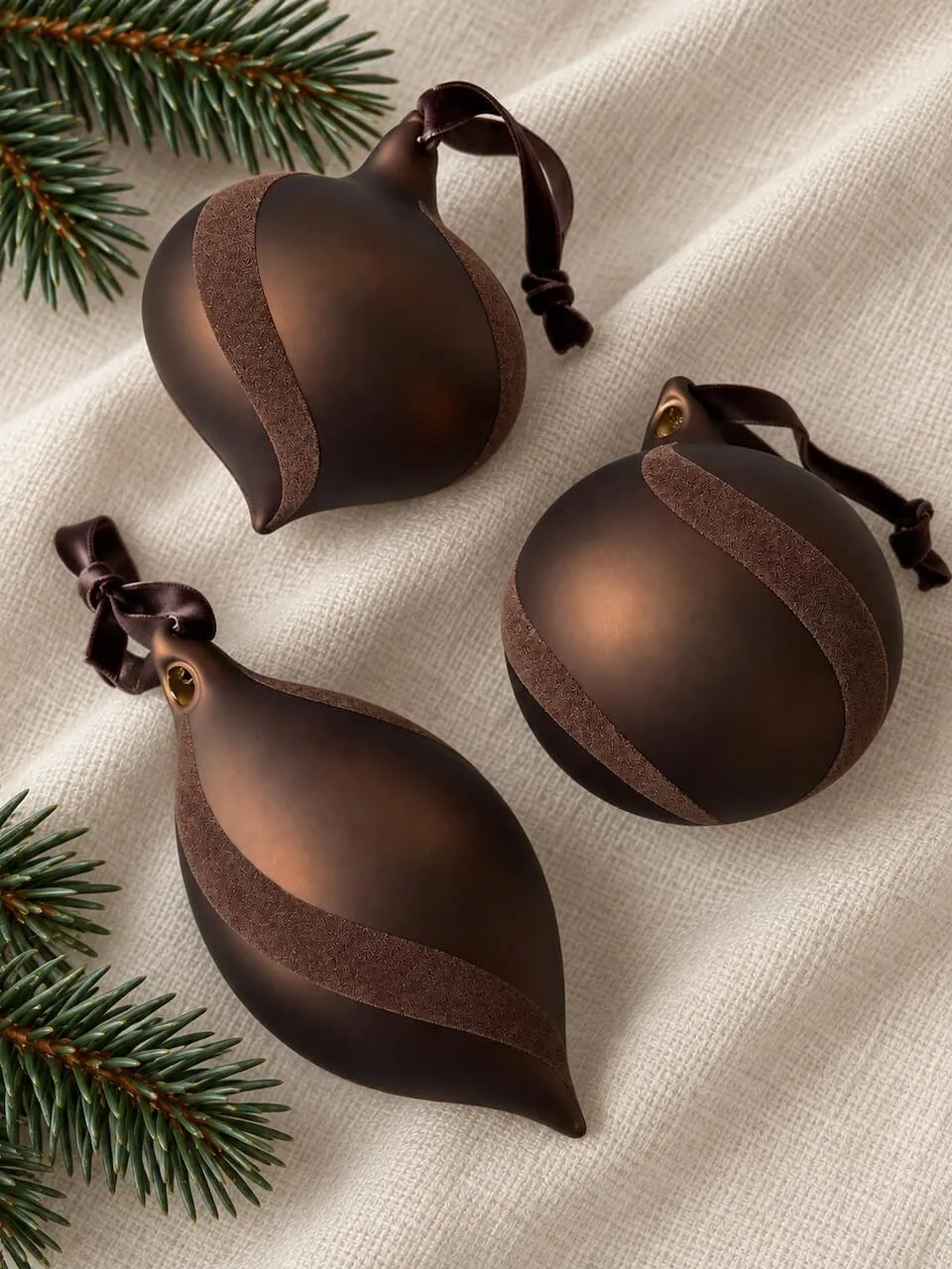 Velvet Swirl Chocolate Brown Glass Baubles – Set of 3 | Layered Lounge