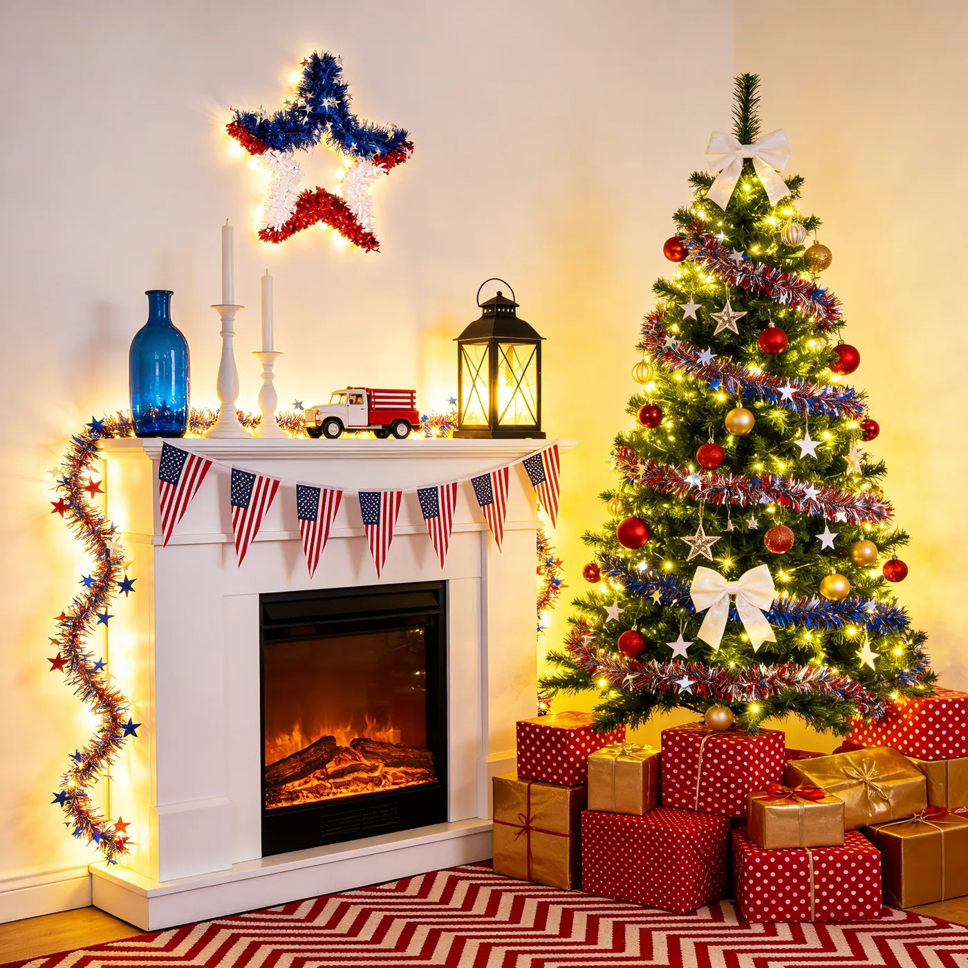 VeriNatural Garland – 2×9FT Red, White & Blue Glitter Tinsel with Star