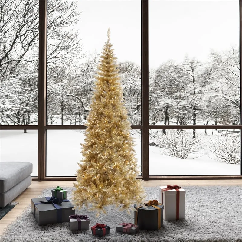 Vickerman 90' Fir Slim LED Artificial Christmas Tree in Champagne Gold Tinsel | Homesquare