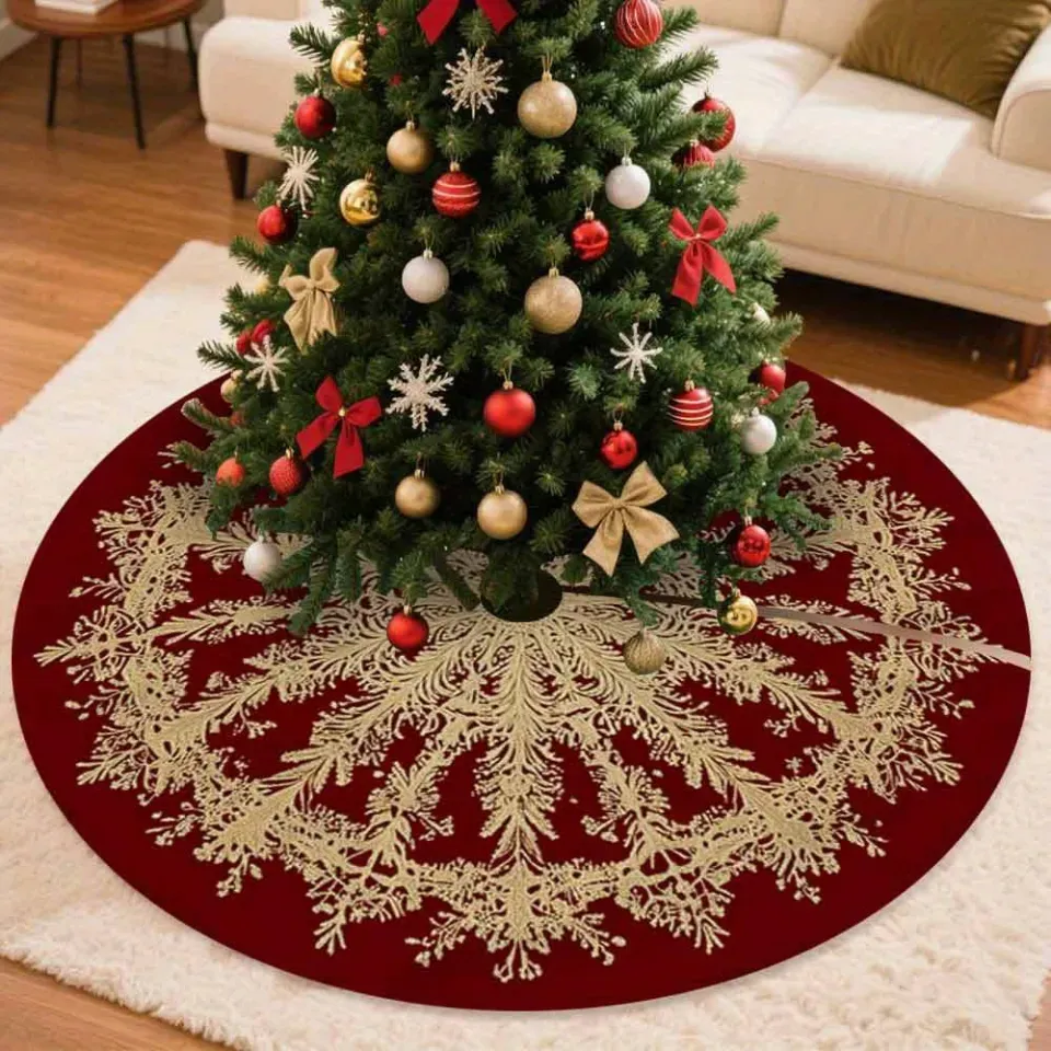 VIKAMA Snowflake Pine Branch Wine Red Christmas Tree Dress Christmas Tree Base Cover Home Christmas Decoration | Daraz.com.bd
