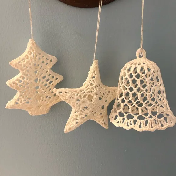 Vintage 1990’s Hand Crafted Crocheted Christmas Ornaments, (3)