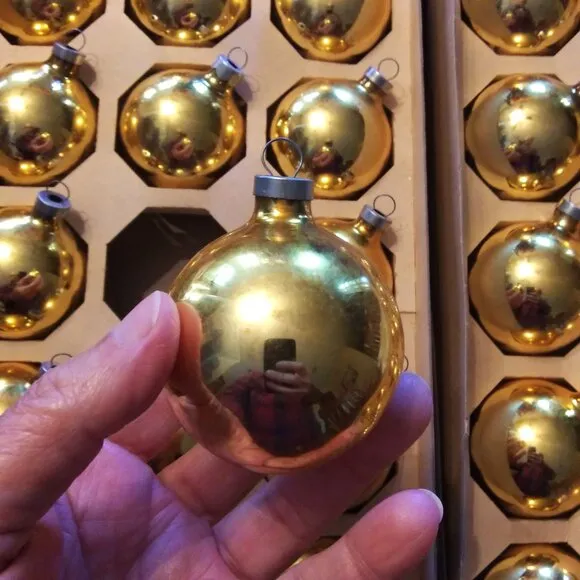 Vintage Gold Glass Christmas Tree Ornaments in Orig. Boxes - Total 34 Pcs.