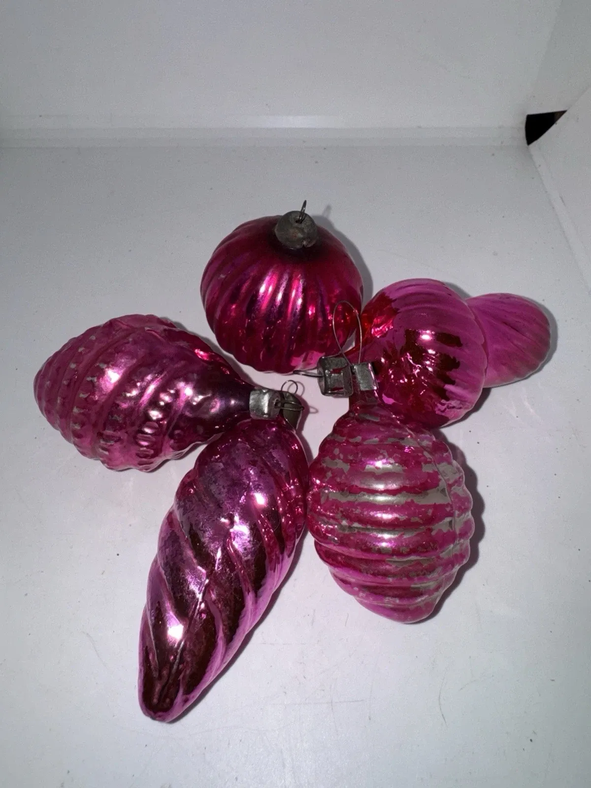 Vintage Hot Pink Glass Teardrop Christmas Ornaments Textured Twists Set Of 5 | Art & Beautiful Things