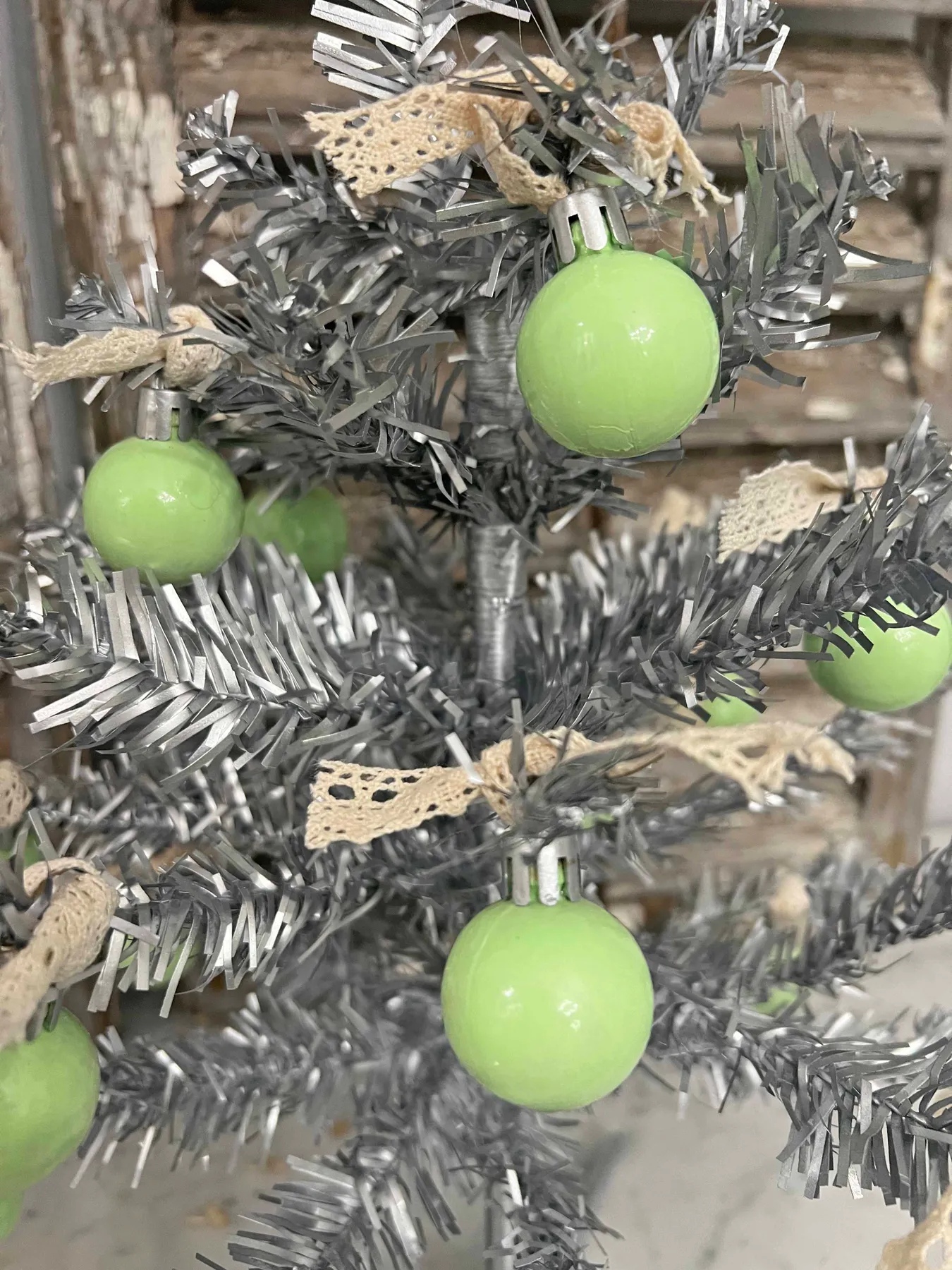 Vintage Inspired DIY Tinsel Tree with Jadeite Ornaments VINTAGE style SILVER tinsel CHRISTMAS TREE GREEN miniature