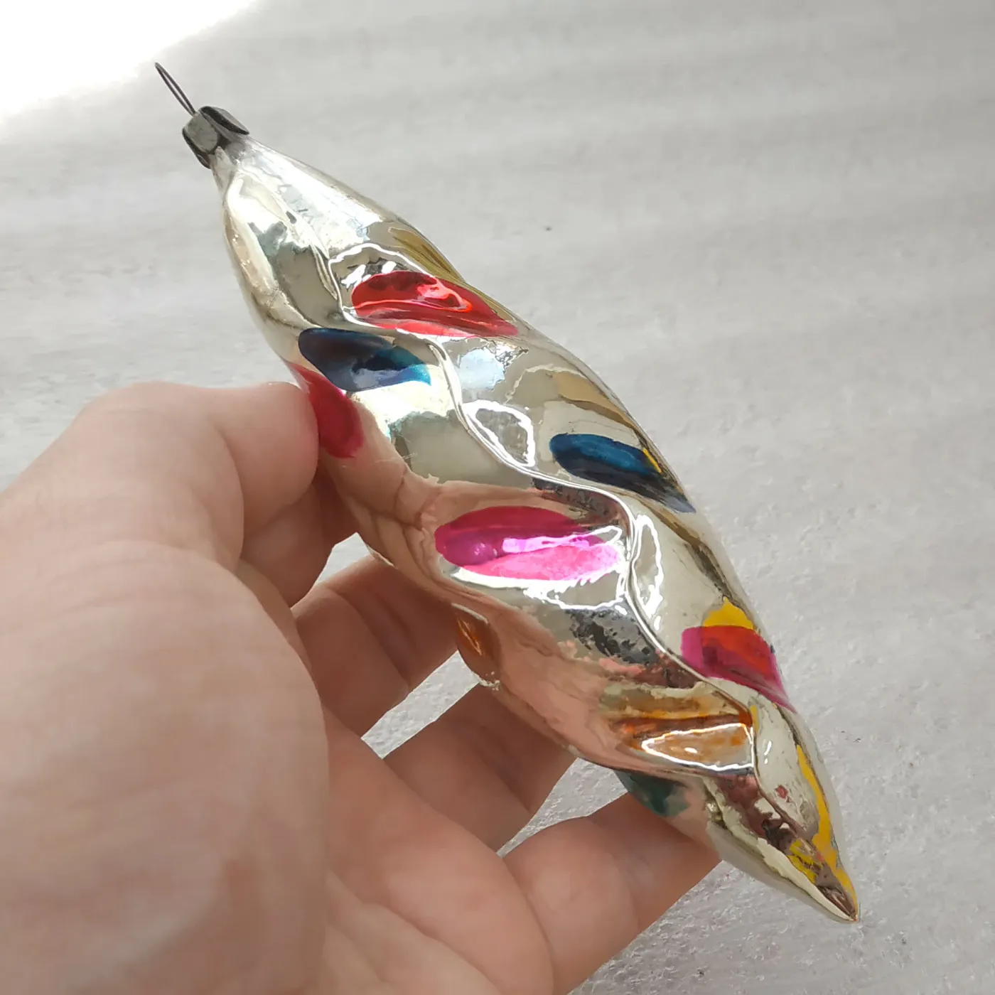 Vintage Soviet Glass Icicle Christmas Tree Ornament Silver Multicolor Spots – Eugene's Vintage Christmas Ornaments