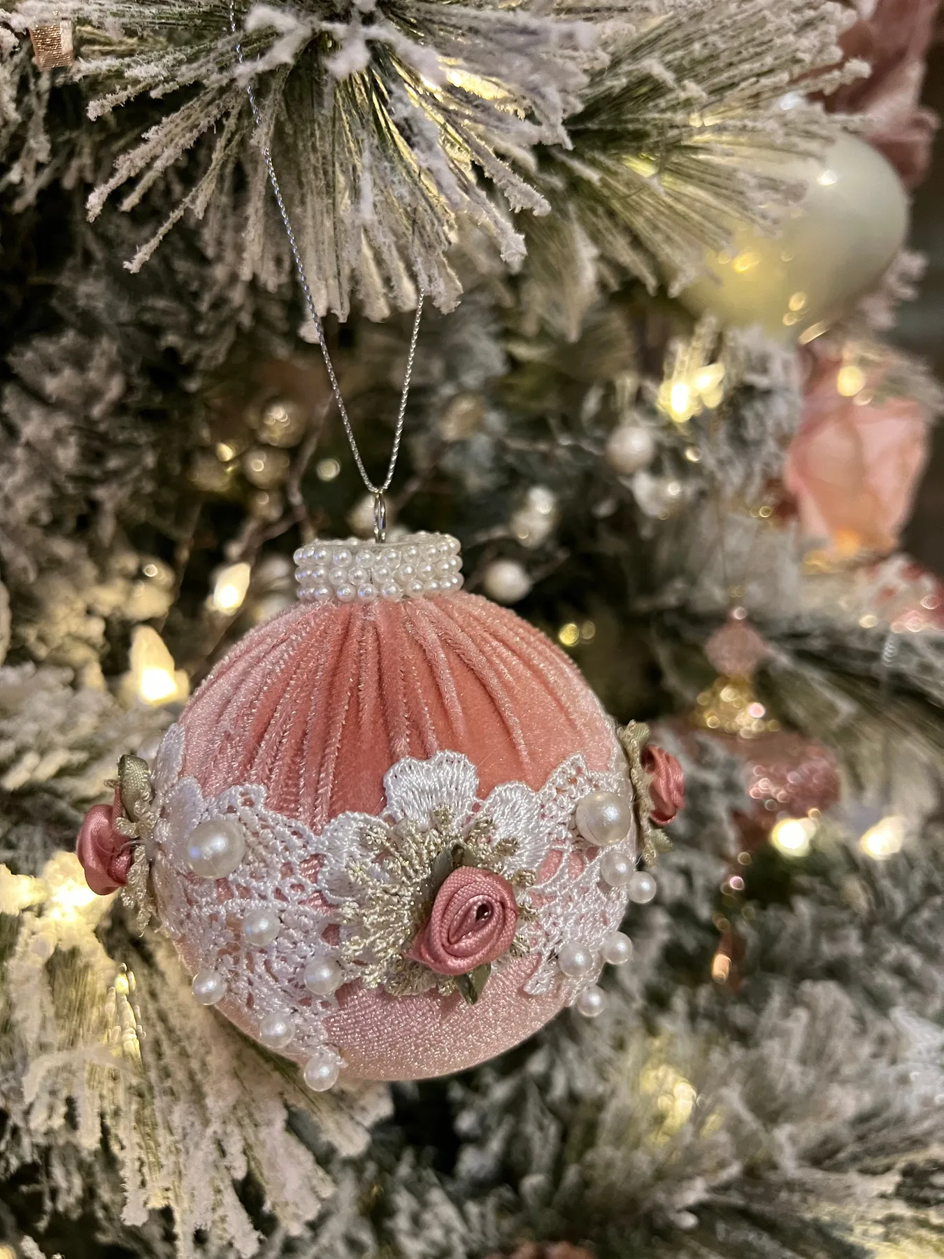 Vintage Velvet Victorian-style Set of Six Christmas ornaments with White-Gold embroidery trimming Pink or Sage Green.