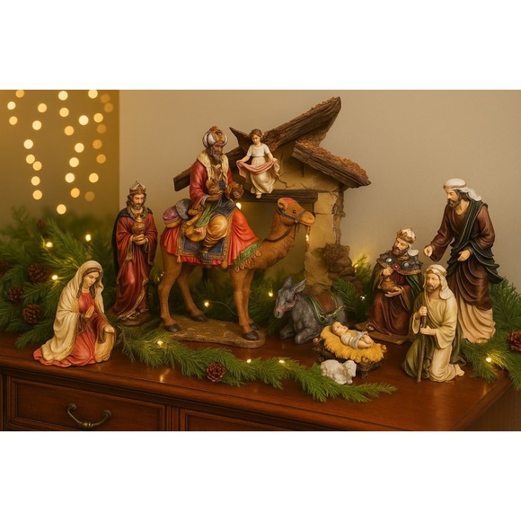 Vtg 1999 Crèche De Noel 13 Pc Kirkland Antiqued Hand Painted Christmas  Nativity