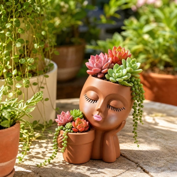 Werulen Human Face Shaped Resin Mini Planter, Creative Doll Face Plant Pot for Cactus, Indoor Tabletop Balcony Greenery Display, Unique Face Vase for ...