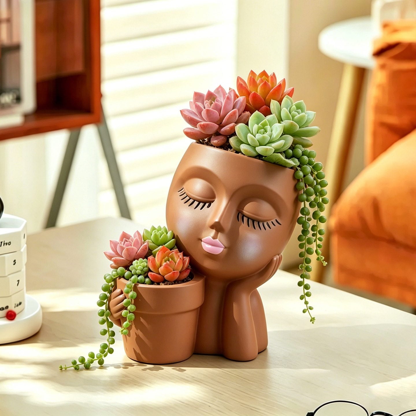 Werulen Human Face Shaped Resin Mini Planter, Creative Doll Face Plant Pot for Cactus, Indoor Tabletop Balcony Greenery Display, Unique Face Vase for ...