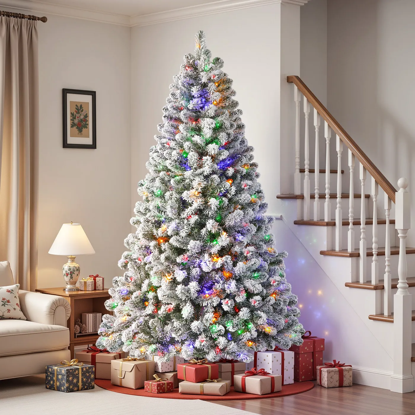 White Flocked Spruce Artificial Christmas Trees with Multi-Color Lights - Multi-Color Lights / Full / 8FT